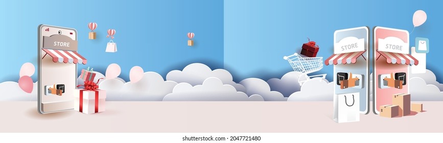 shopping online on phone with podium paper art modern background gifts box  illustration vector.
