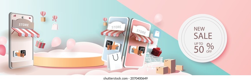 shopping online on phone with podium paper art modern pink background gifts box  illustration vector.