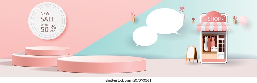 shopping online on phone with podium paper art modern pink background gifts box  illustration vector.