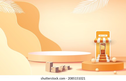 shopping online on phone with podium paper art modern background gifts box illustration vector.