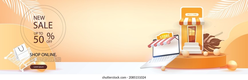 shopping online on phone with podium paper art modern background gifts box illustration vector.