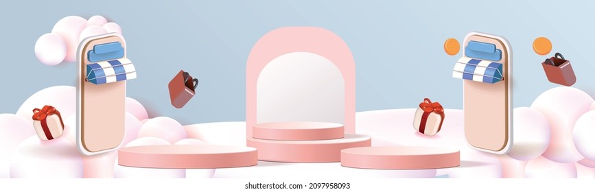 shopping online on phone with podium paper art modern pink background gifts box  illustration vector.