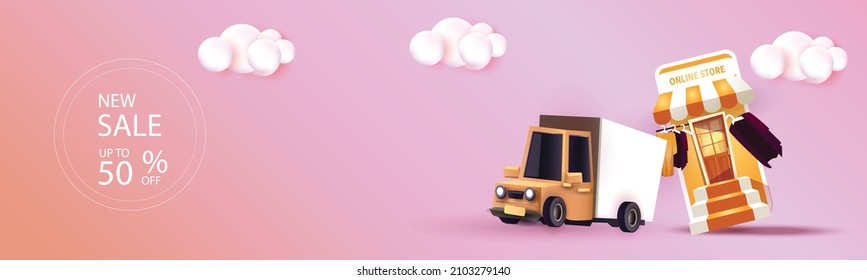 shopping online on phone with podium paper art modern pink background gifts box  illustration vector.