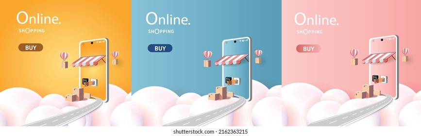 shopping online on phone with podium paper art modern pink background gifts box  illustration vector.