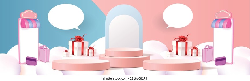 shopping online on phone with podium paper art modern pink background gifts box  illustration vector.