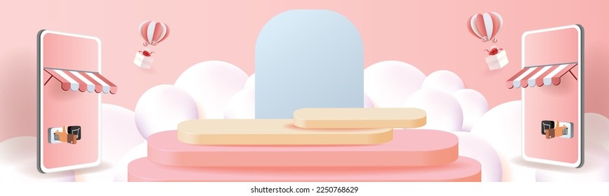 shopping online on phone podium banner advertising market delivery sale vector 3d store