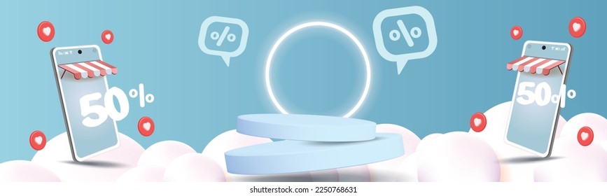 shopping online on phone podium banner advertising market delivery sale vector 3d store