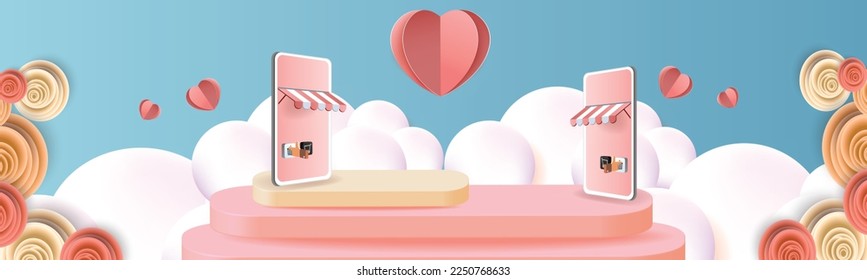 shopping online on phone podium banner advertising market delivery sale vector 3d store