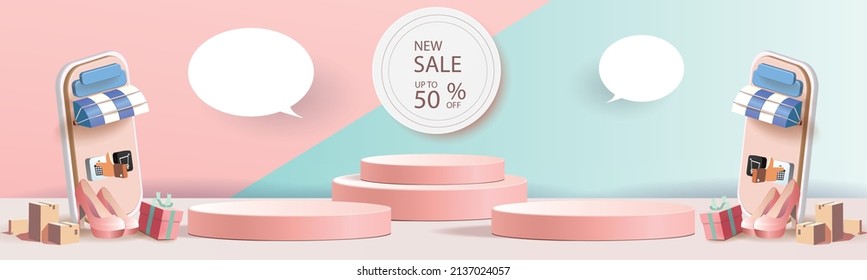 shopping online on phone sale app social podium promotion discount advertising concept