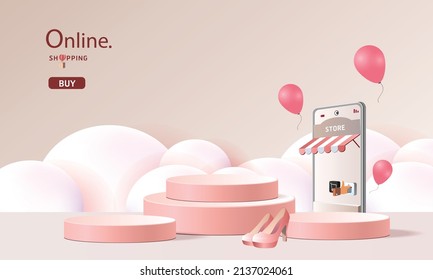 shopping online on phone sale app social podium promotion discount advertising concept
