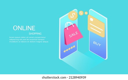 Shopping online on smart phone shopping bag and sale pay on credit card 5 starts quality.
