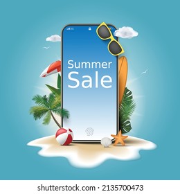 Shopping online on smartphone application, summer vacation themed illustrations for promotion on shopping web platform, online shopping summer sale concept design