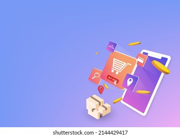 Shopping Online on smartphone Application Concept, isometric Vector illustration