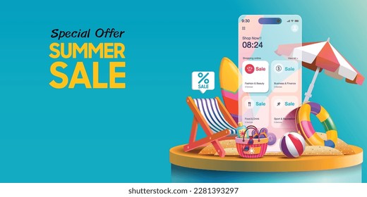 Shopping online on smartphone application, summer vacation themed illustrations for promotion on shopping web platform, online shopping summer sale concept illustration design