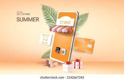 shopping online on smartphone and new buy sale promotion pink backgroud for banner market ecommerce women concept.