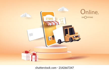 shopping online on smartphone and new buy sale promotion pink backgroud for banner market ecommerce women concept.