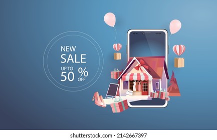  shopping online on smartphone and new buy sale promotion pink backgroud for banner market ecommerce women concept.