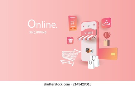  compras en línea en smartphone y nuevas compras promoción de venta de fondo rosado para el concepto de mujeres de ecommerce en el mercado de banner.