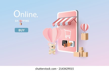  shopping online on smartphone and new buy sale promotion pink backgroud for banner market ecommerce women concept.