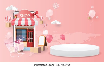 shopping online on smartphone with podium mockup for presentation pink backgroud
