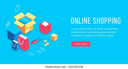 Shopping Online on Website or Application. Marketing. 3d vector isometric icons illustration. boxes, shopping bags, credit cards, icons, coins, shoes. Transportation and logistic 