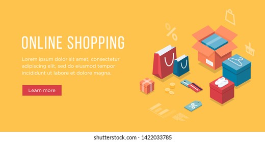 Shopping Online on Website or Application. Marketing. 3d vector isometric icons illustration. boxes, shopping bags, credit cards, icons, coins, shoes. Transportation and logistic 