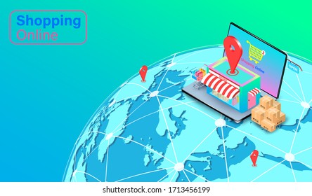Comprar en línea en el sitio web o en la aplicación de ordenador portátil. Carro de compras con entrega rápida global. diseño isométrico vectorial plano