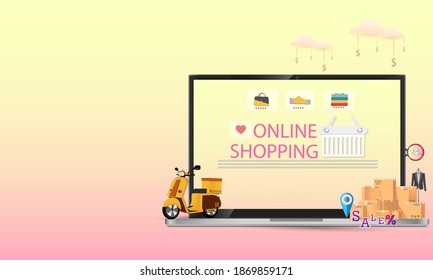 Shopping Online on Website or 
Computer.Marketing and Digital marketing. Horizontal view. 