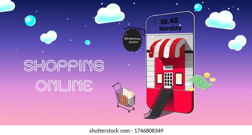 Shopping Online on Website DRed Night Right or Mobile Application Vector Concept Marketing and Digital marketing	