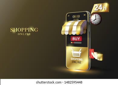 Shopping Online on Website or Gold Mobile Application Vector Concept Marketing and Digital marketing, Black Background