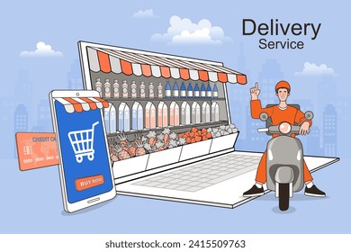 Shopping Online on Website. Marketing and Digital marketing promotion. Fast respond delivery package shipping on laptop computer. Supermarket full shopping trolley cart with fresh grocery products.