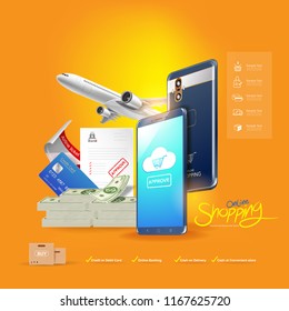 Shopping Online on Website or Mobile Application Vector Background for Marketing and Digital marketing.