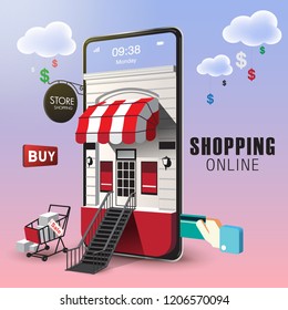 Shopping Online on Website or Mobile Application Vector Concept Marketing and Digital marketing. VECTOR version2