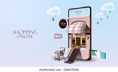 Shopping Online on Website or Mobile Application Vector Concept Marketing and Digital marketing. Horizontal view. VECTOR version3