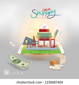 Shopping Online on Website or Mobile Application Vector Concept Marketing and Digital marketing.