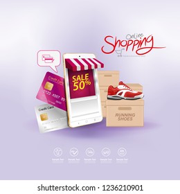 Shopping Online on Website or Mobile Application Vector Concept Marketing and Digital marketing.