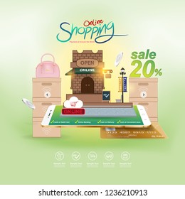 Shopping Online on Website or Mobile Application Vector Concept Marketing and Digital marketing.