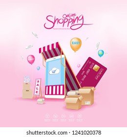 Shopping Online on Website or Mobile Application Vector Concept Marketing and Digital marketing.