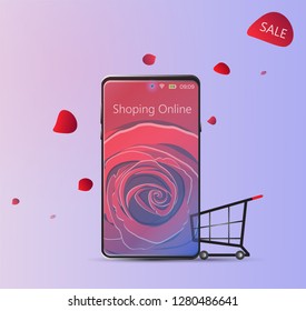 Shopping Online on Website or Mobile Application Vector Concept Marketing and Digital marketing. Horizontal view. Minimal style vector. 3D Isometric design.