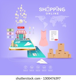 Shopping Online on Website or Mobile Application Vector Concept Marketing and Digital marketing.