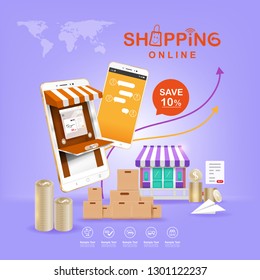 Shopping Online on Website or Mobile Application Vector Concept Marketing and Digital marketing.