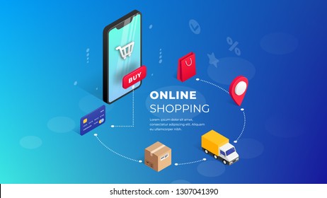 Shopping Online on Website or Mobile Application. Concept Marketing. 3d vector isometric digital marketing illustration. Horizontal view. Can use for web banner, infographics, presentation