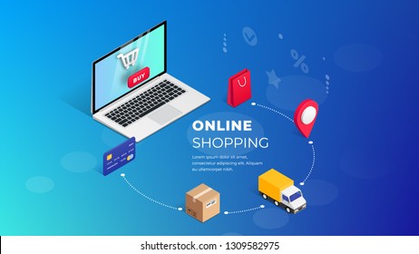 Shopping Online on Website or Mobile Application.3d vector isometric digital concept marketing illustration with laptop on blue background.Horizontal view.Use for web banner,infographics, presentation