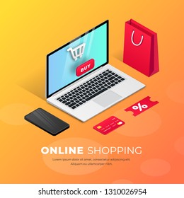 Shopping Online on Website or Mobile Application. 3d vector isometric concept marketing illustration. Smartphone, shopping bag, credit card around laptop. For web banner,  infographics, presentation