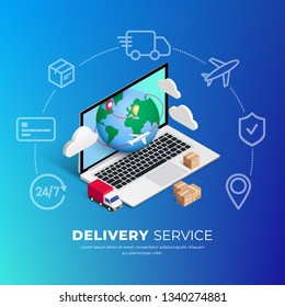 Shopping Online on Website or Mobile Application. 3d vector isometric digital concept marketing illustration with laptop, planet,  line icons around. Use for web banner, infographics, presentation