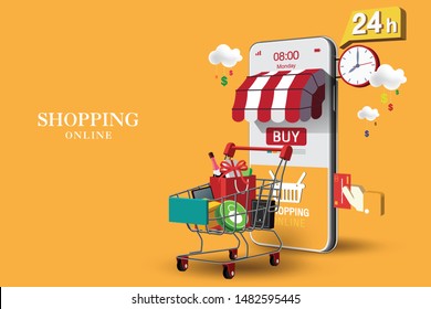 Shopping Online on Website or Mobile Application Vector Concept Marketing and Digital marketing, Orange Background.