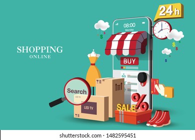 Shopping Online on Website or Mobile Application Vector Concept Marketing and Digital marketing, Green Background