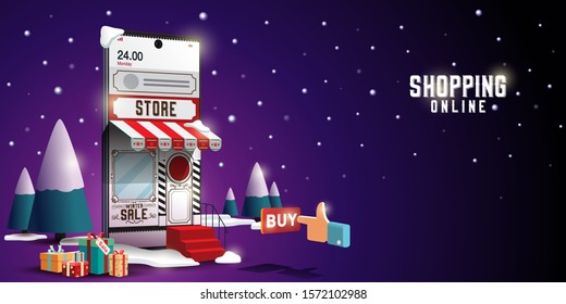 Shopping Online on Website or Mobile Applicationt Marketing. Merry Christmas and Happy New Year. Night Winter Snowy. Vector Concept