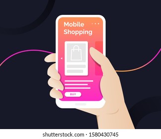 Shopping online on website or mobile application. Hand with phone buy online. Hand holding modern mobile phone with online shopping application on a screen