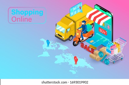 Shopping online on Website or Mobile Application with credit cart. Shopping cart with Fast delivery by truck and scooter global. isometric flat vector design